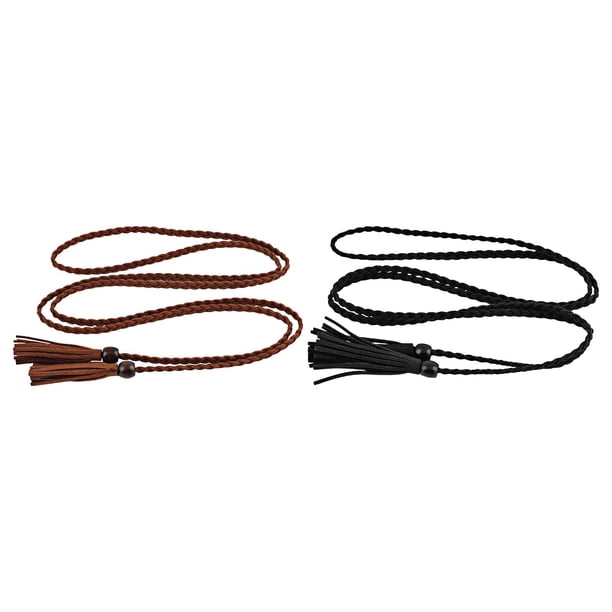2 cinturones tejidos con borlas para la cintura, con colgante de moda para vaqueros y vestidos de fiesta. Negro y Marrón Oscuro