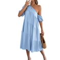 thumbnail image 2 of Women'S Boho One Shoulder Short Sleeve Smocked Ruffle Swing Midi Dress Light Blue L, 2 of 10