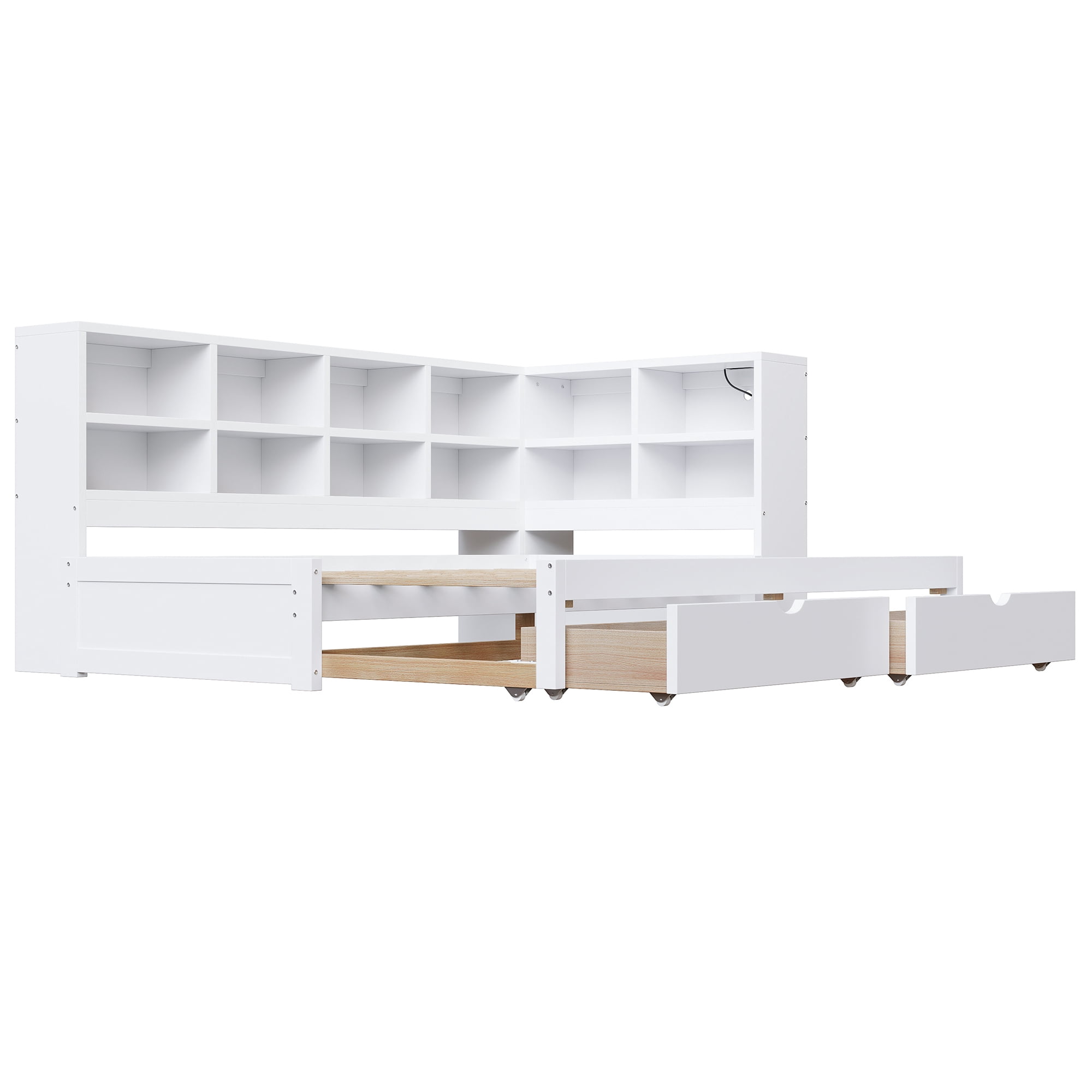 Euroco Wood Twin XL to King Size Daybed with Trundle and Drawers, Storage Headboard with LED Light and USB Ports, White