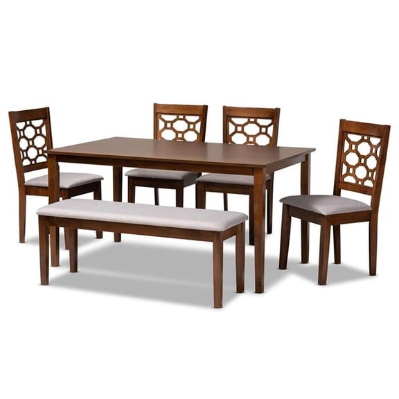 Bowery Hill Grey Upholstered and Brown Finished Wood 6-Piece Dining Set