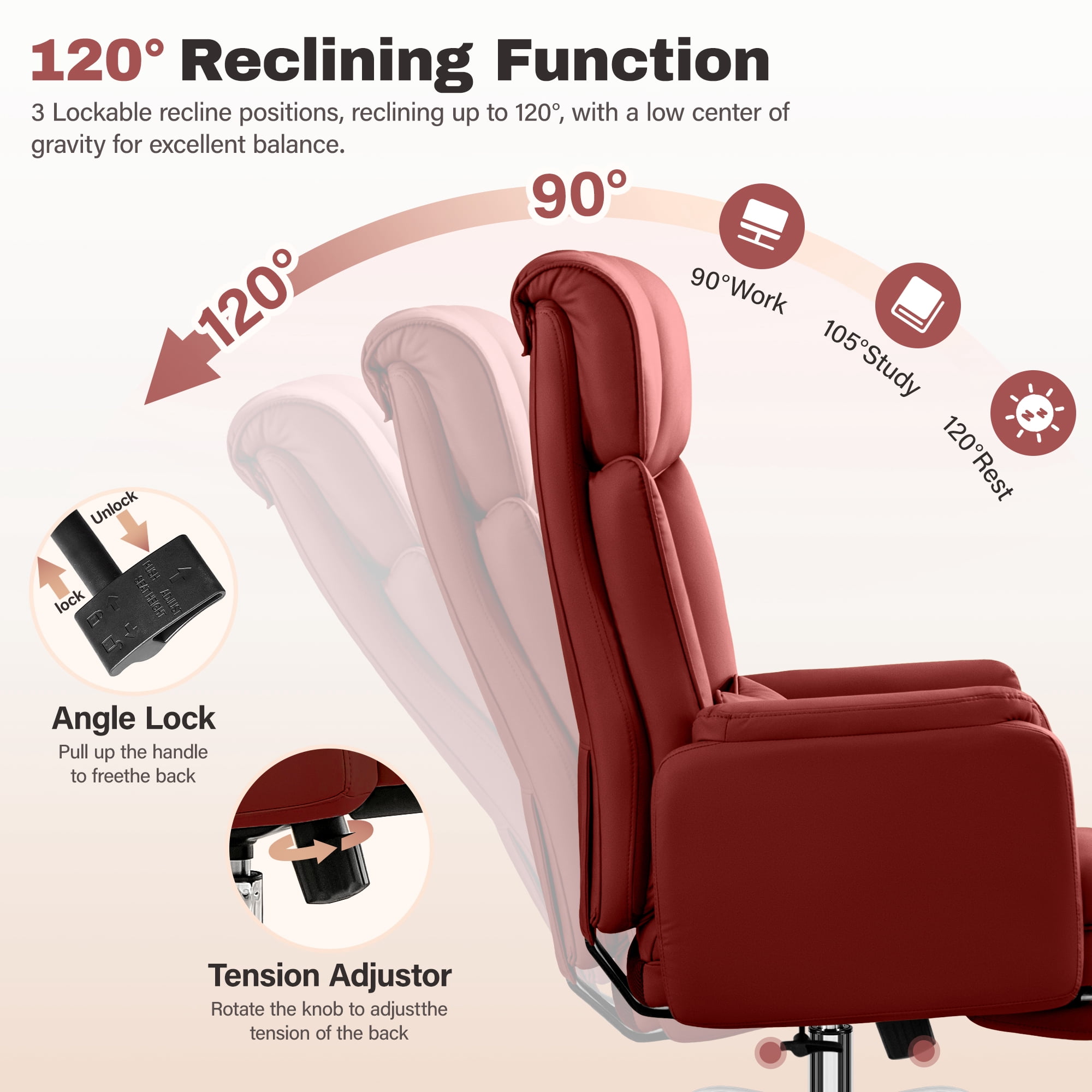COOLHUT Big and Tall Office Chair, High Back Executive PU Leather Desk Chair with Footrest, Ergonomic Home Office Chair Computer Chair with Lumbar Support & Padded Armrest, Burgundy Red