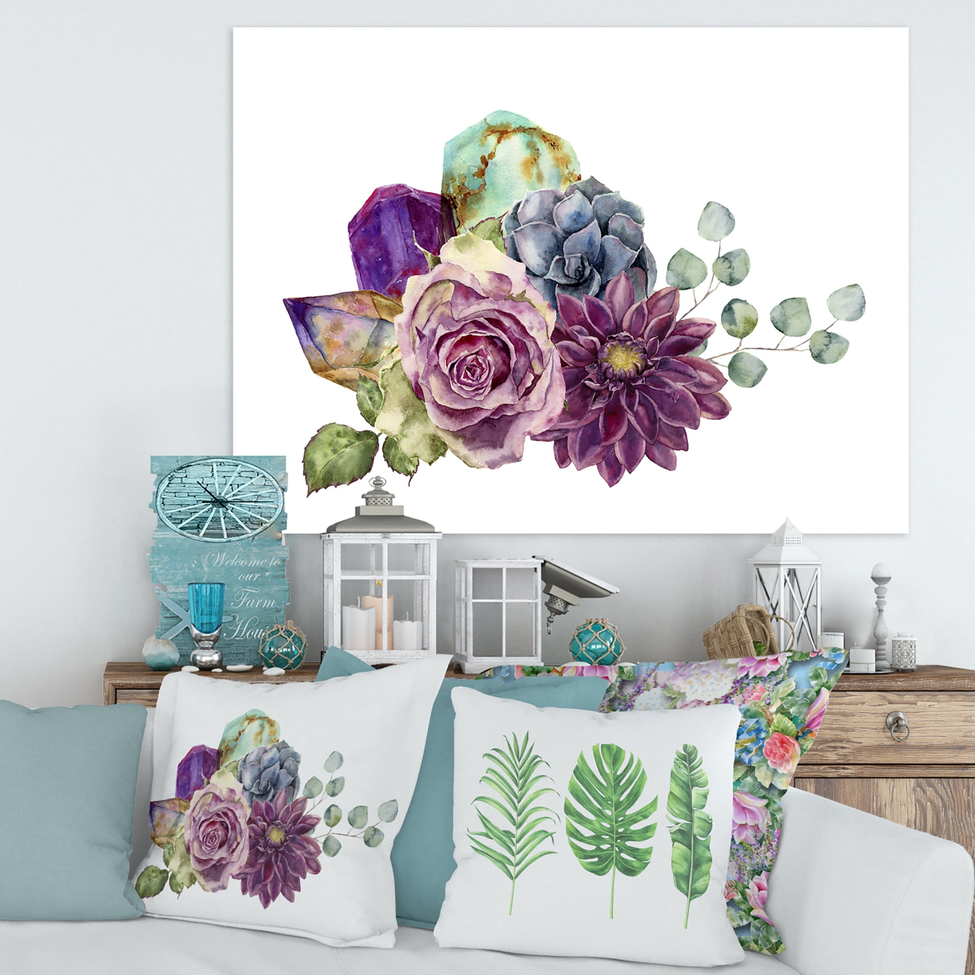 Designart ' Bouquet of Succulents Eucalyptus With Flowers ' Traditional Canvas Wall Art Print