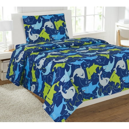 - Fancy Linen Boys 3 PC Sheet Set Shark Dark Blue Yellow Grey Twin Size New