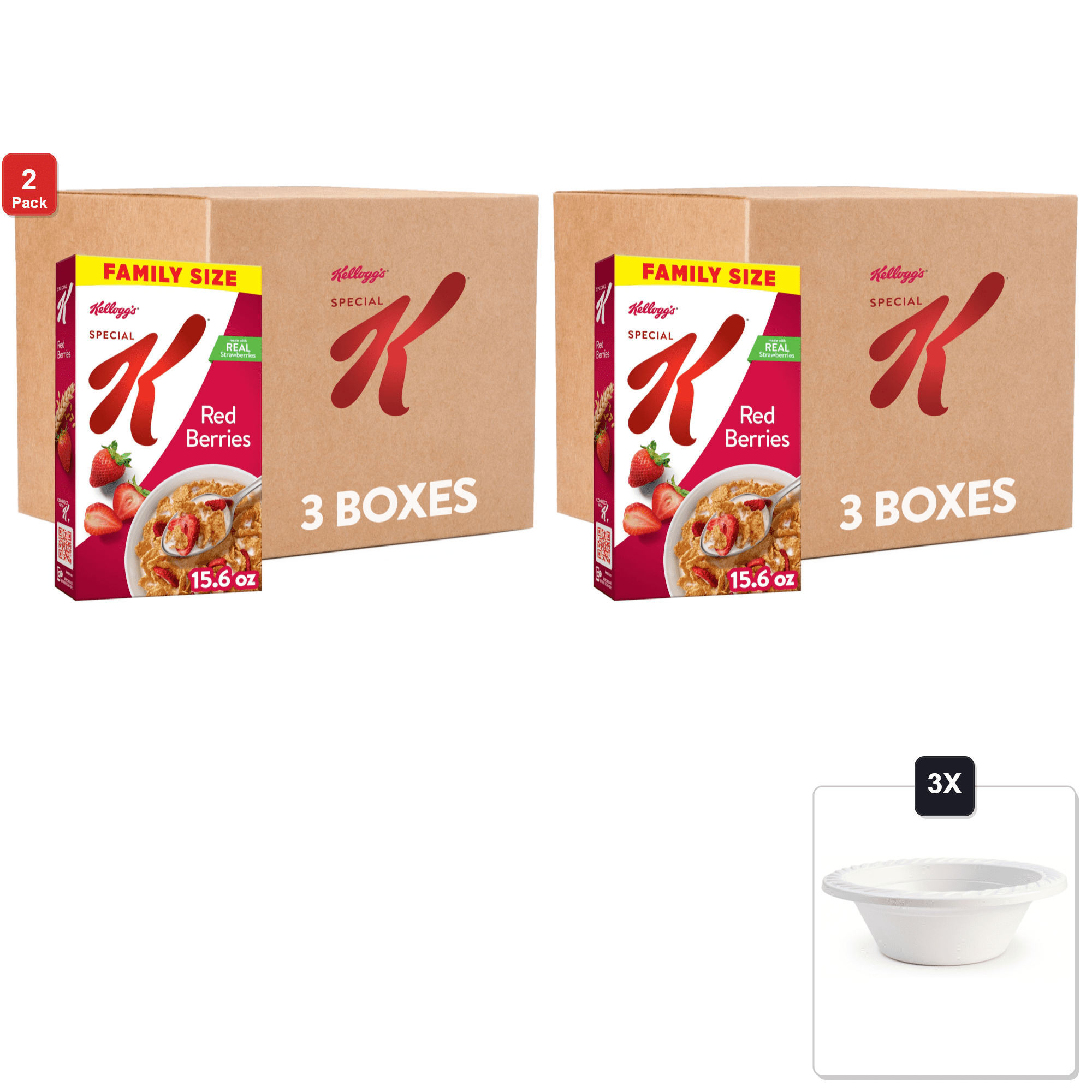 2 Pack | Kelloggs Special K Breakfast Cereal, Family Size, Red Berries (3 Boxes) & 3x 12oz Disposable Plastic Bowl