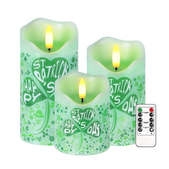 St. Patrick's Day Flameless Candles, Set of 3 Flickering Shamrock LED Candles with Remote & Timer, Dimmable Electric Pillar Candles Battery Operated, Green Candles for Home St. Patrick's Day Decor