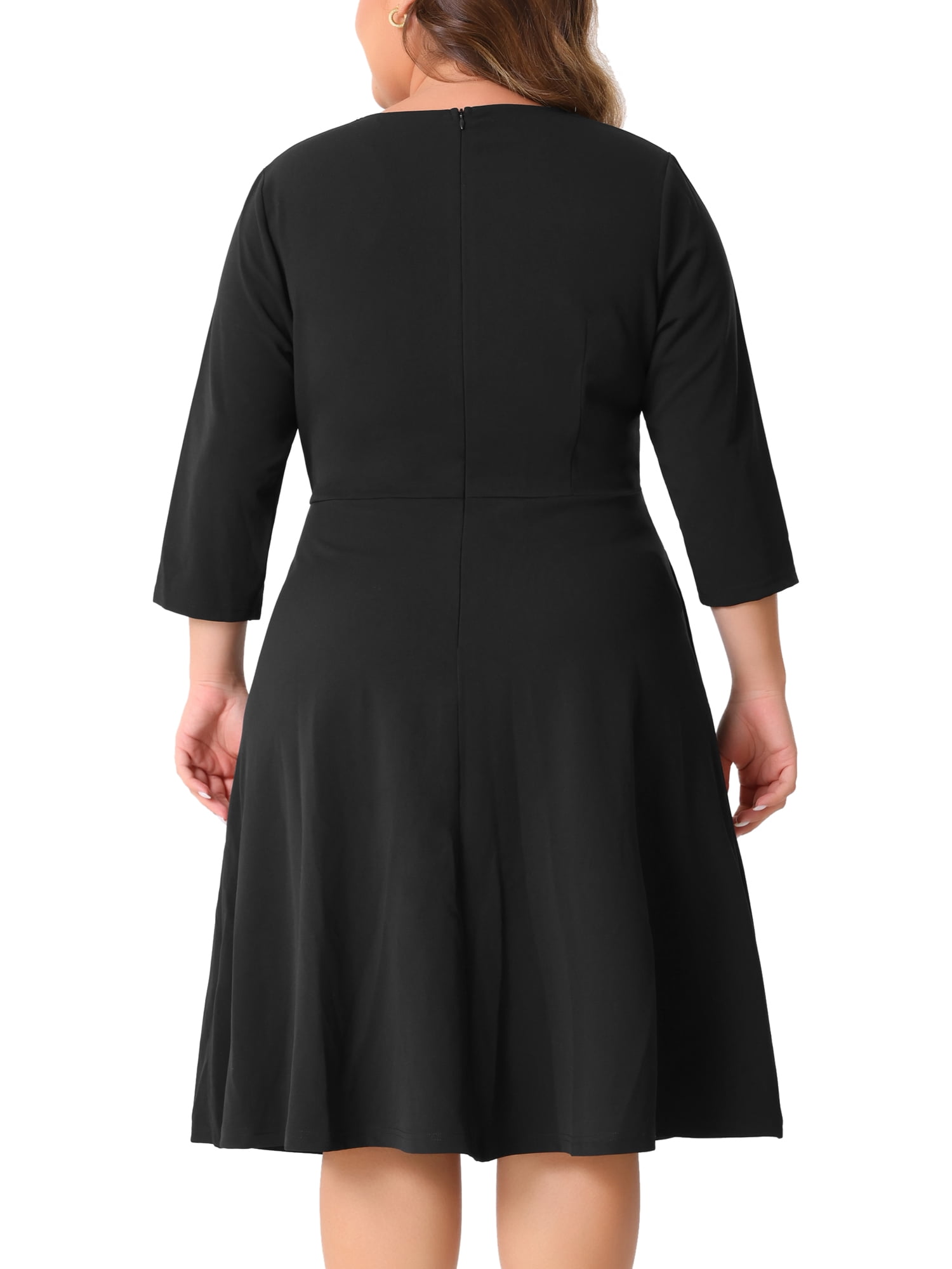 DARING DIVA Plus Size Midi Notched V Neck 3/4 Sleeve A-Line Dress 2X Black