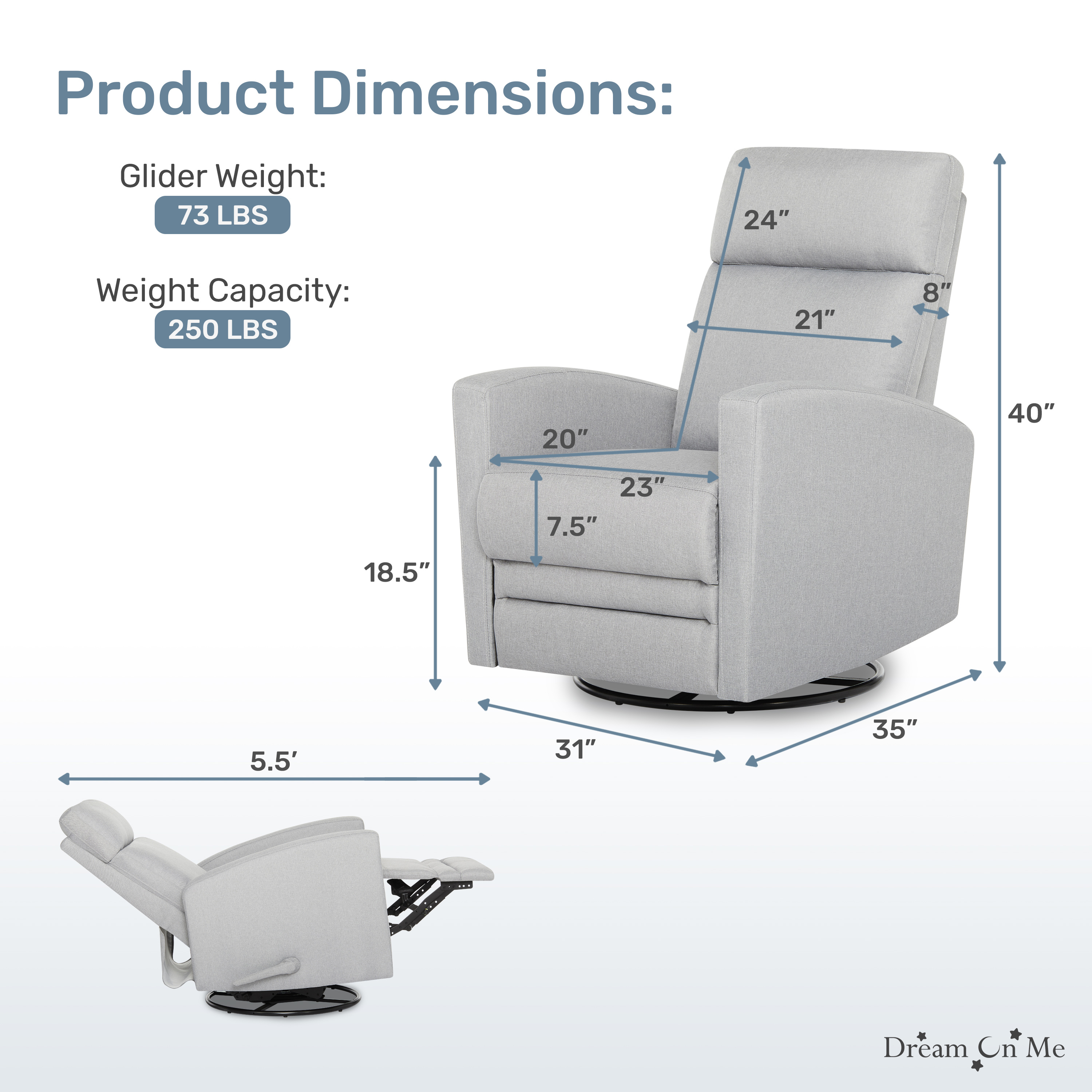 Dream On Me Chatham Glider Recliner, Gray with 360° Swivel photo 6