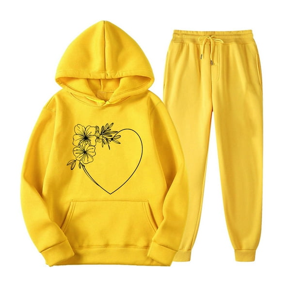 JURANMO 2024 Fall Fashion Outfits for Women, Heart Graphic Hoodie Sweatsuits 2 Piece Sets Cute Teen Girls Lightweight Hooded Sweatshirt and Jogging Sweatpants Suit Yellow S