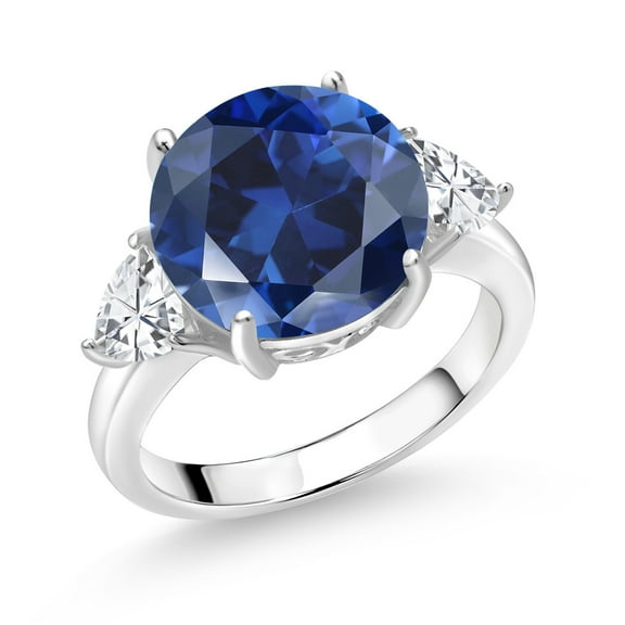 Gem Stone King 925 Sterling Silver Blue Simulated Sapphire 3-Stone Ring for Women (7.54 Cttw, Round 12MM, Trillion 5MM, Size 5)