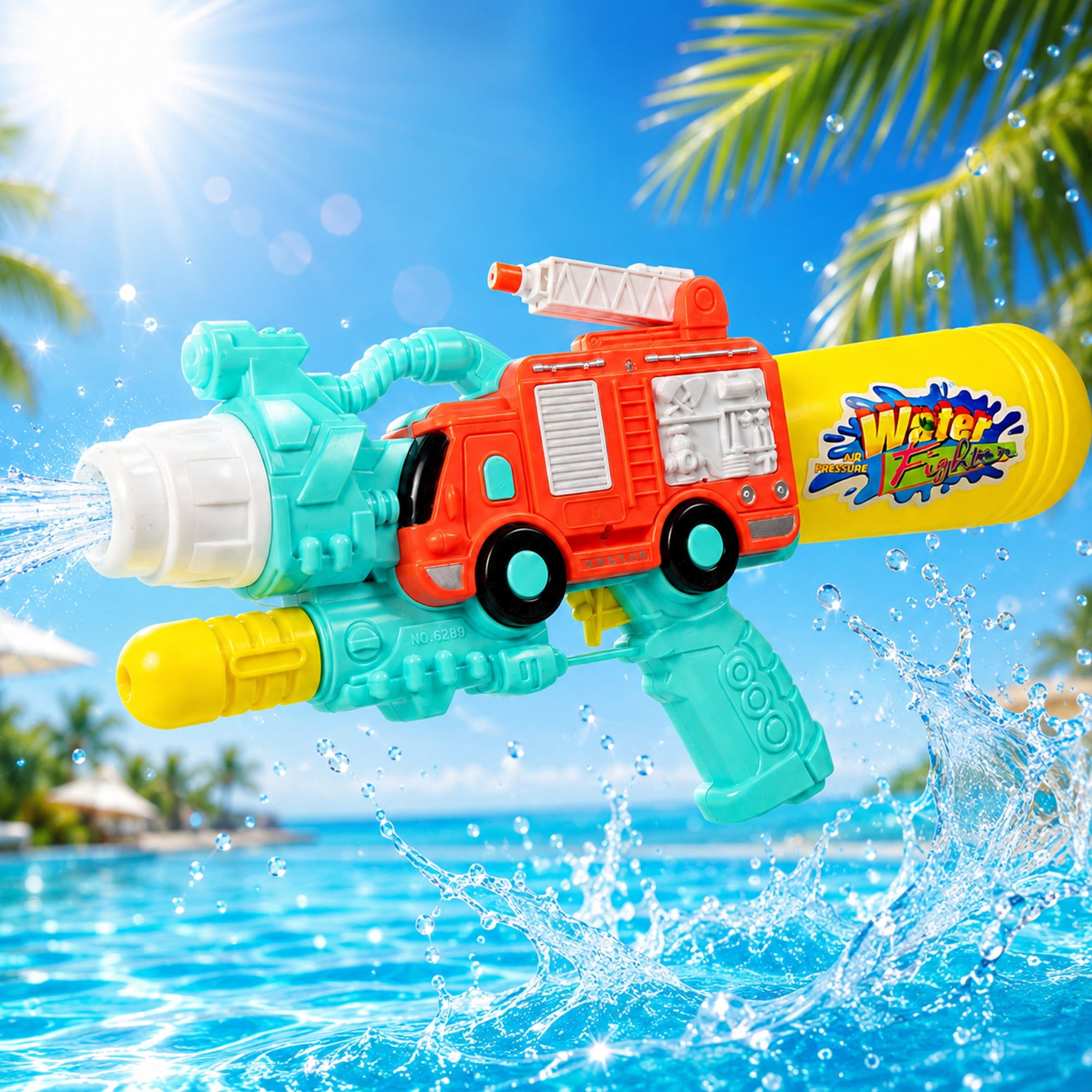 Firetruck Water Blaster Outdoor Toy, 15 Inch Water Shooter with Refillable Bottle, Tube Connection, Movable Top Ladder, Pump Action Water Spray Toy for Kids Summer Play