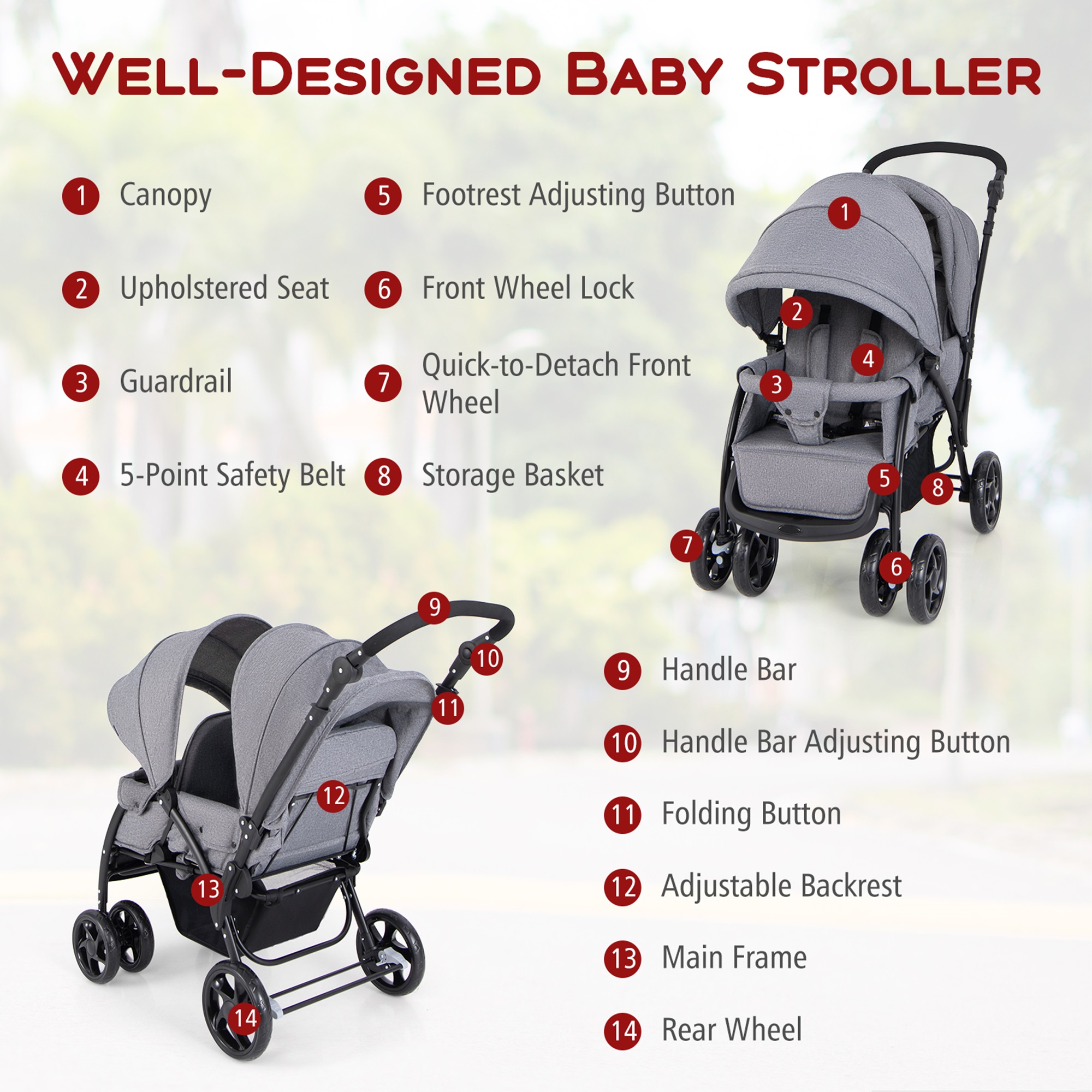 Babyjoy Compact Full Size Double Stroller Adjustable Handle Lightweight Twin Infant Pushchair Grey Walmart