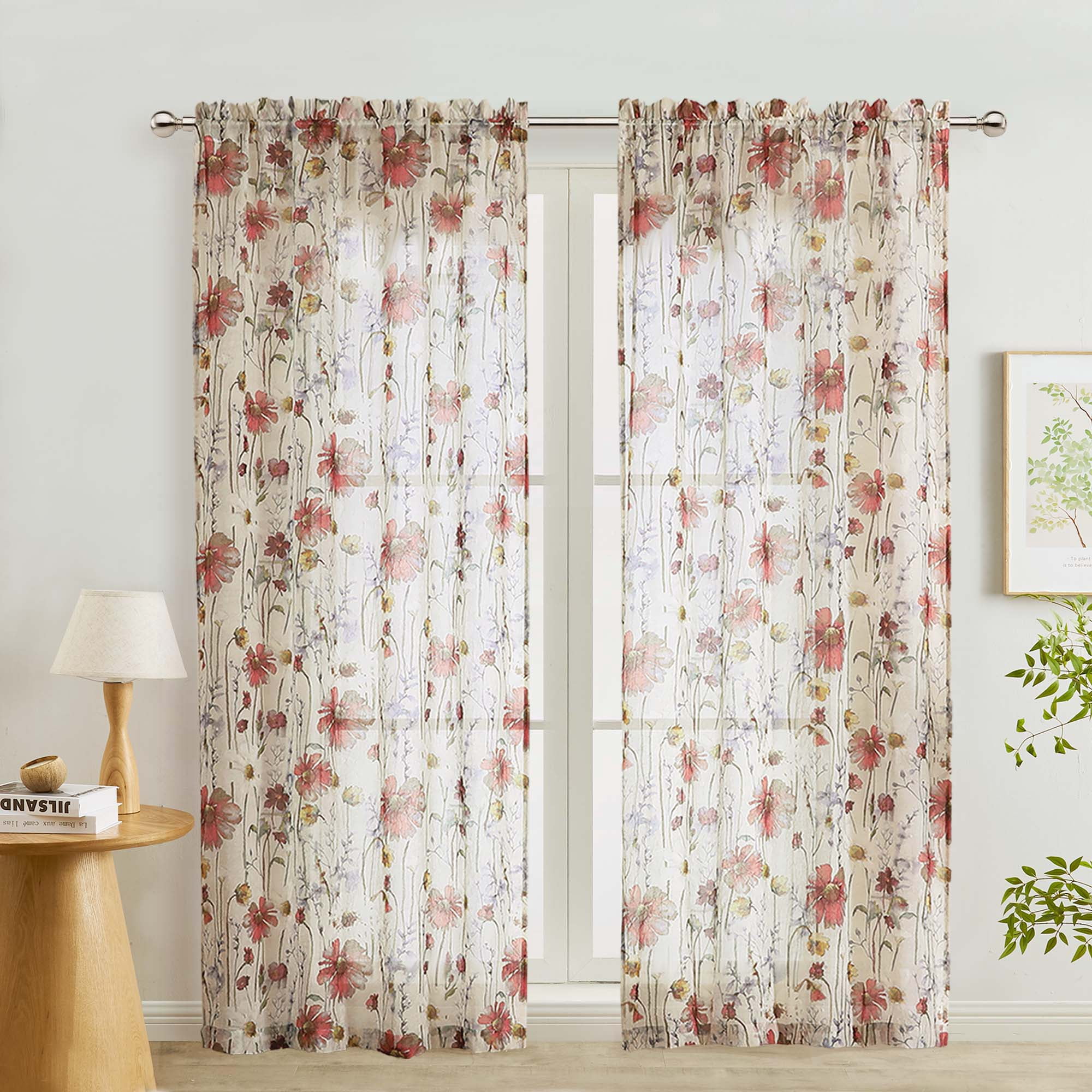 Ovzme Blaise Crushed Sheer Curtains Floral Print, 51x84 In photo 1
