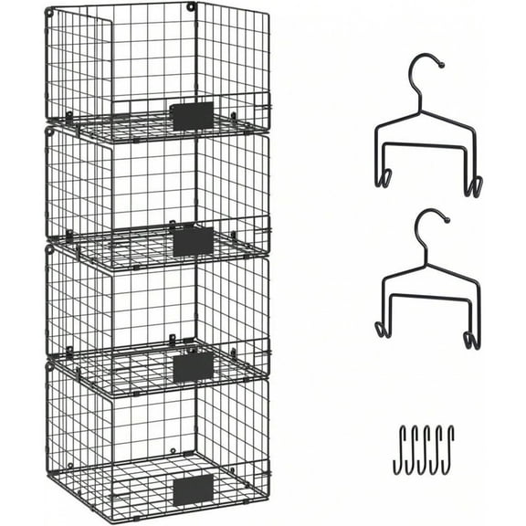 4-Tier Stackable Metal Wire Baskets - Hanging/Wall Mounted Storage Organizer for Kitchen Pantry, Fruit, Vegetable, Closet (Black)