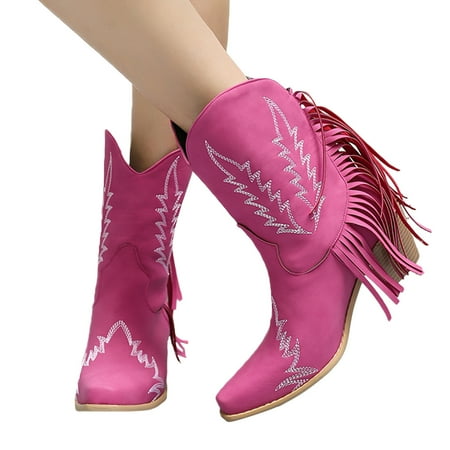 Mepaouo Cowboy Cowgirl Boots for Women Low Heel Tassel Chelsea Booties Stylish Walking Shoes