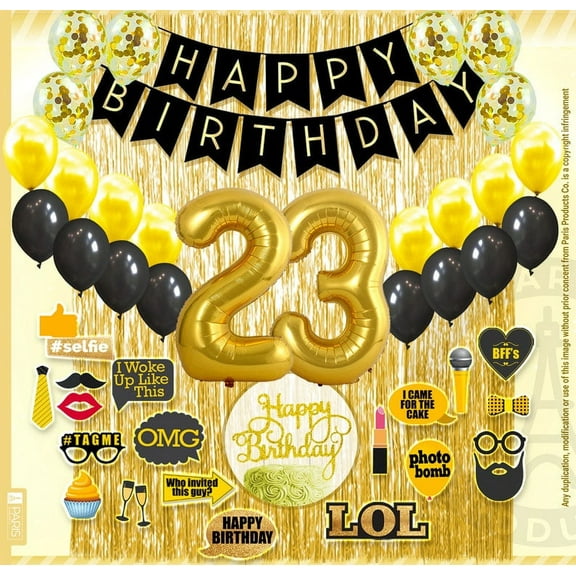 23rd Birthday Decoration Black and Gold for Boy & Girl, 23rd Cake Topper, 23rd Party Supplies for Her and Him, 23rd Birthday Photo Props