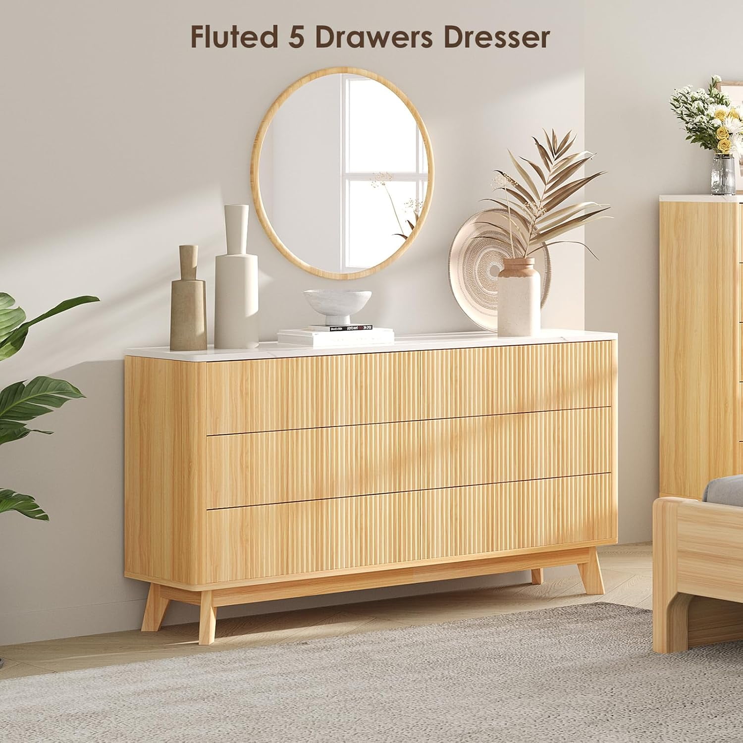 Selooye 6 Drawers Dresser for Bedroom, 52" Wide Handleless Chest of Drawers with Faux Marble Top, Wooden Dresser TV Stand, Wood Drawer Organizer for Living Room, Hallway, Natural Oak