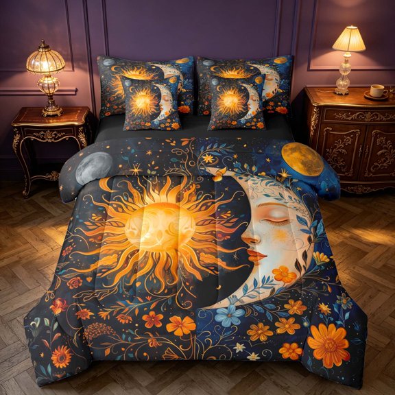 Homewish Boho Sun and Moon King Bedding, Retro Blossoms King Bed in a Bag, Black Reversible 7 Pieces