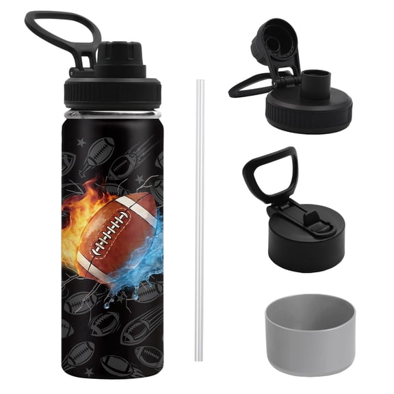 JOPJOLIW Football Water Bottle for Men, Stainless Steel Insulated Tumbler with 2 Lids & Handle for Football Lover, Antislip Silicone Boot, 18oz Reusable Leak-proof Bottle for Sports