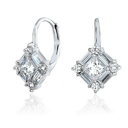- Bridal Deco Style Cubic Zirconia CZ Baguette Leverback Drop Earrings For Women For Prom 925 Sterling Silver