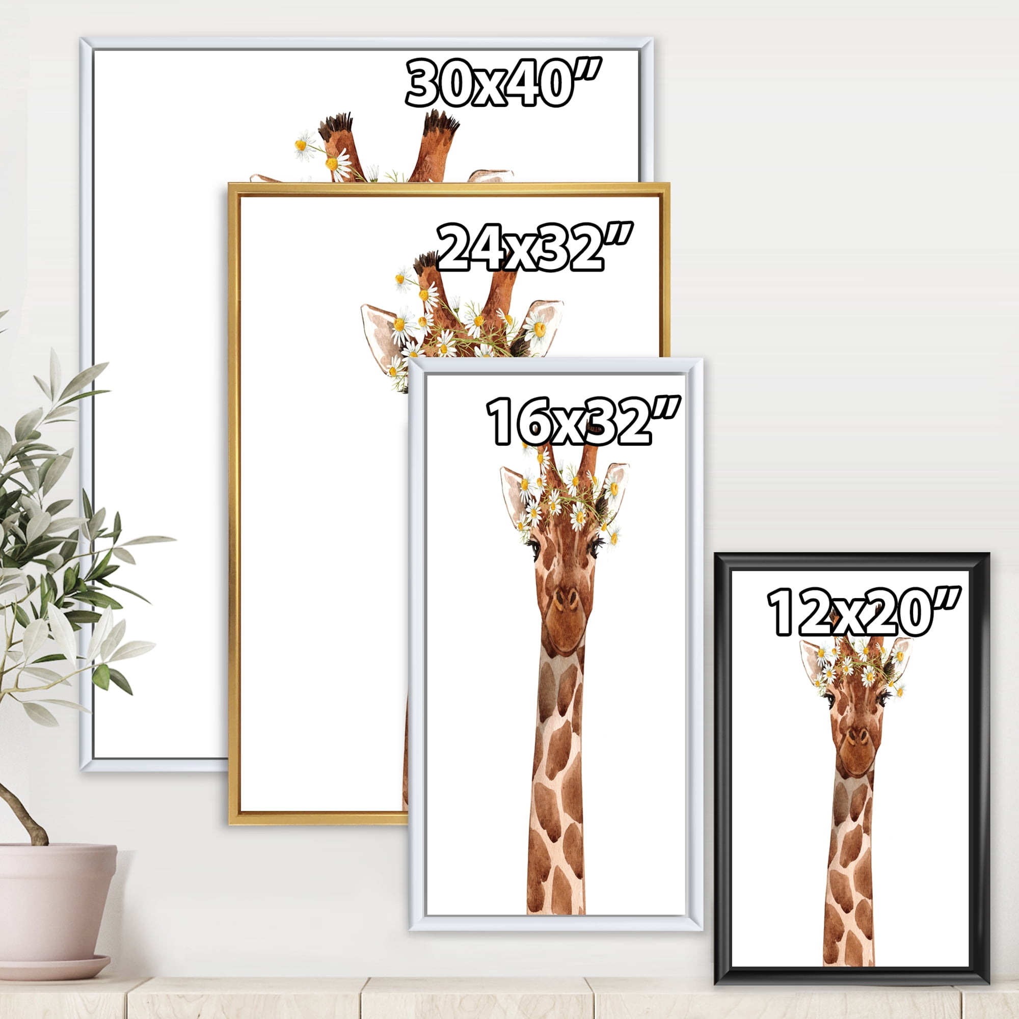 Designart 'Portrait of A Giraffe With White Flowers' Farmhouse Framed Canvas Wall Art Print