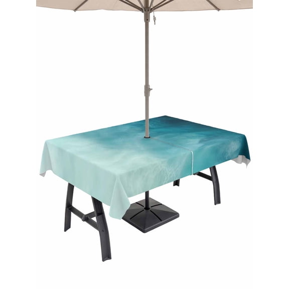 Outdoor Tablecloths with Umbrella Hole & Zipper, Blue Teal Ombre Rectangle Tablecloth 60x120 Inch, Coastal Beach Modern Abstract Art Waterproof Table Cloth, Patio/Pool/Picnic Table Covers