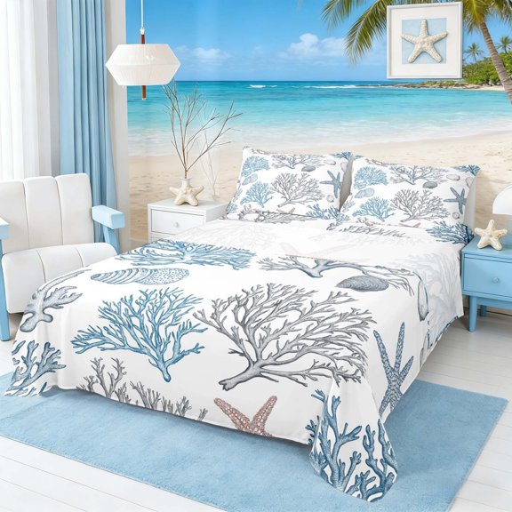 Manfei Blue Coral Starfish Seashell Full Size Sheets for Kids Boys and Girls, Underwater World Bed Sheets 4pcs, 1 Flat Sheet, 1 Fitted Sheet and 2 Pillowcases