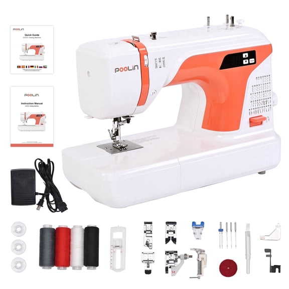 Poolin EOC01-RE Computerized Sewing Machine for Beginners, 107 Built-in Stitches, LCD Display, 6 Presser Feet, for Home Sewing