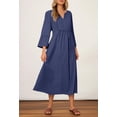 thumbnail image 2 of Vestido midi MEROKEETY para mujer, manga 3/4, cuello en V, azul marino fluido, 2 of 7