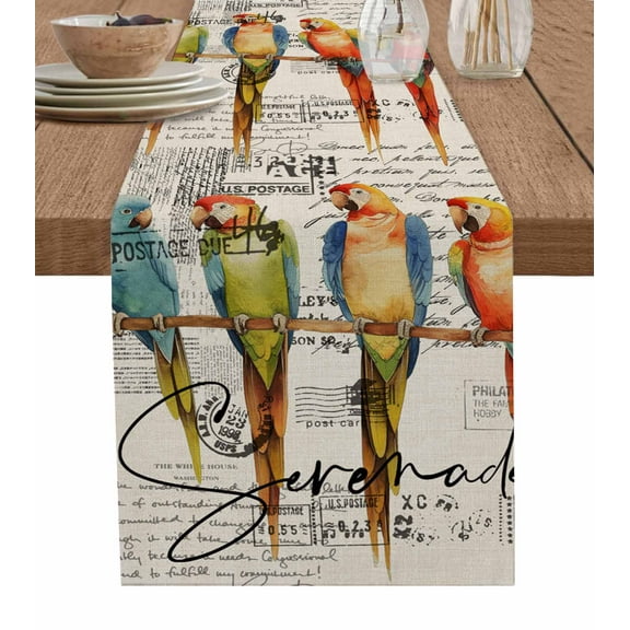 Table Runner Dresser Scarves 60 Inch Long,Watercolor Parrot Bird on Burlap Linen Dining Table Runners Vintage Stamp Letter Texture Tabletop Scarf for Wedding Holiday Party Kitchen