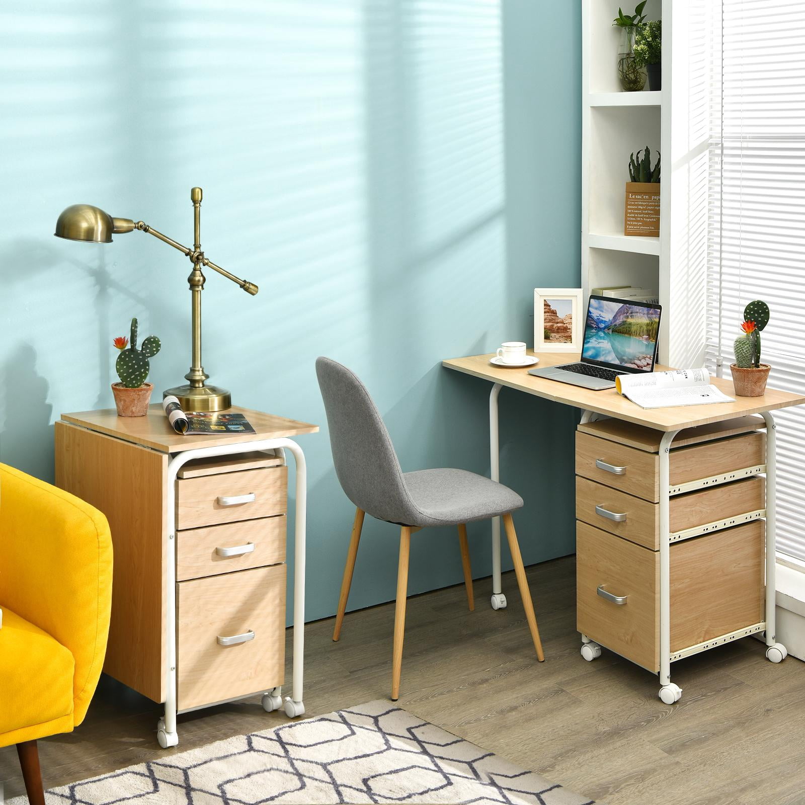 Giantex Folding Computer Study Desk, Home Office Desk w/Smooth Wheels & Large Drawers, Mobile Laptop Desk Writing Table (Natural)