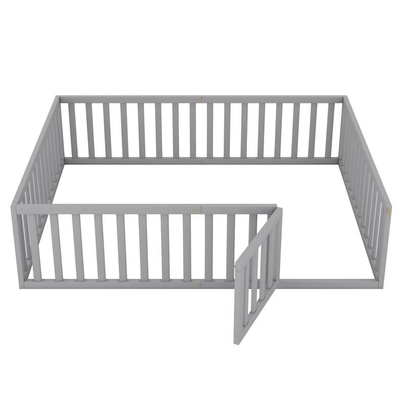 Queen Size Floor Bed Montessori Bed with Fence Guardrails and Door, Wooden Toddler Bed Playhouse Bed Platforn Bed for Boys Girls, No Slats