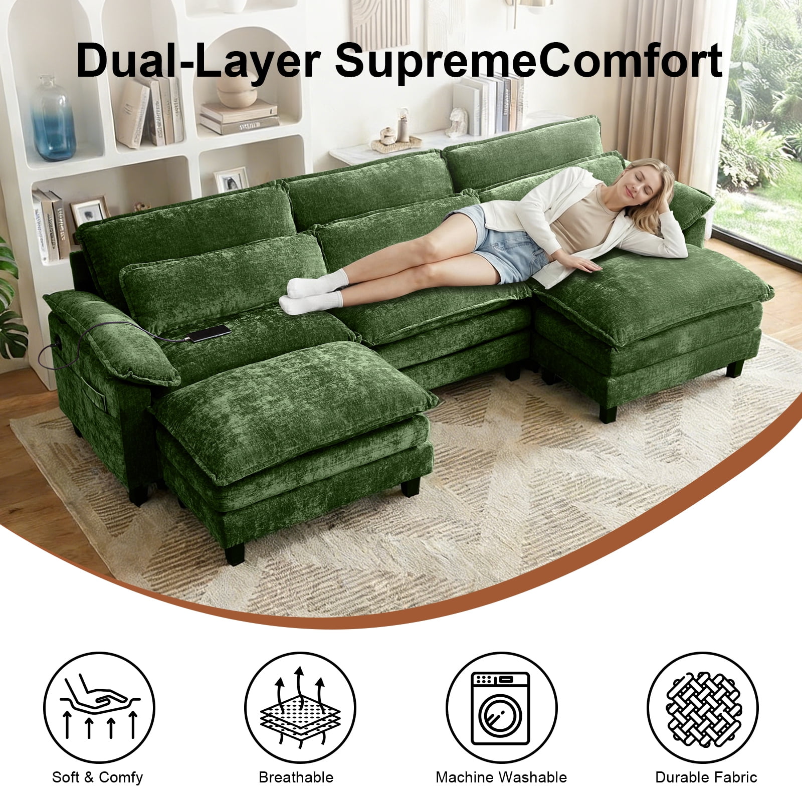 Howcool 113" Modular Sectional Sofa , 3 Seater U-Shaped Cloud Couch with Movable Ottoman, USB Charging Ports & Side Pockets, Sectional couchs for Living Room,Chenille Fabric,Green