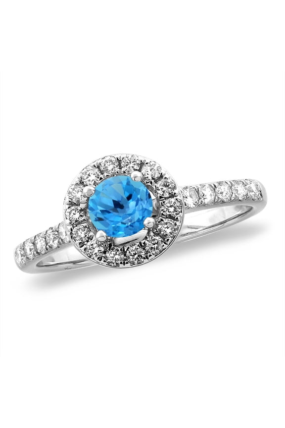 14K White Gold Diamond Natural Swiss Blue Topaz Halo Engagement Ring Round 4 mm, size 6.5