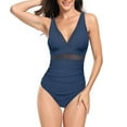 thumbnail image 2 of WREESH Womens One Piece Swimsuit Solid Color Fashion V Neck Bathing Suits Ruched Tummy Control Swimsuits Jumpsuit Swimwear Navy, 2 of 4