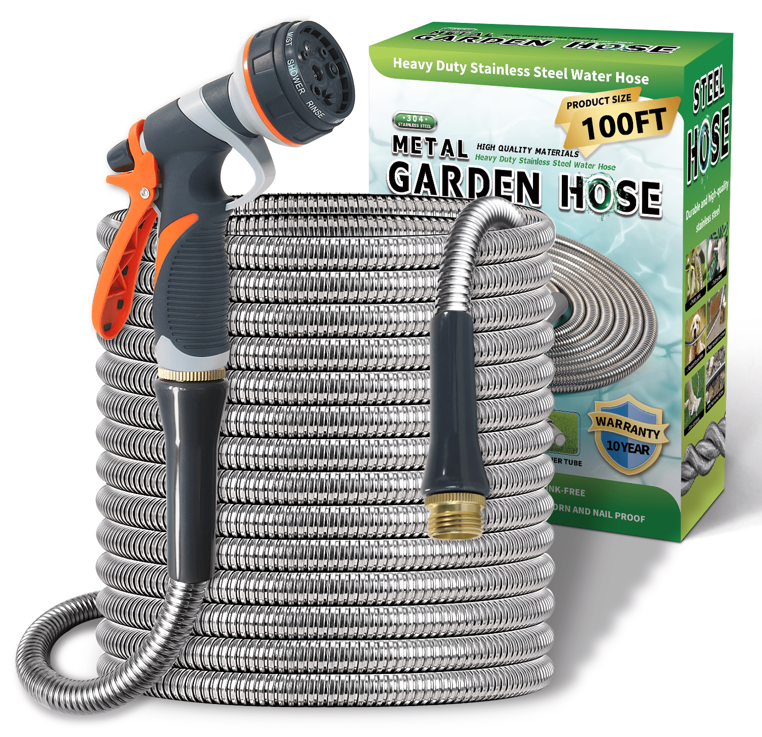 Lightweight Stainless Steel Garden Hose 100Ft Kinkless Flexible Metal