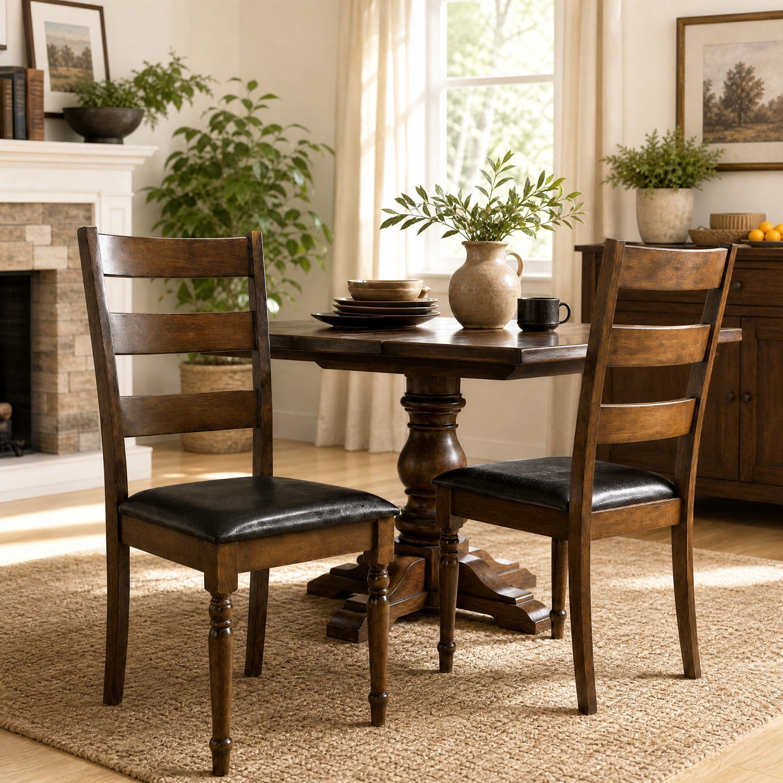 Furnibear Farmhouse Dining Chairs Set of 2 PU Leather Upholstered Ladder Back Kitchen Chairs with Spiral Legs for Dining Room, Brown