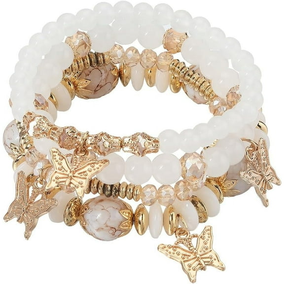 4Pcs Bohemian Beaded Bracelet Sets Butterfly Crystal Stone Pendant Stackable Stretch Bracelet White Stack Beads Boho Bracelet Colorful Charm Jewelry for Summer Beach Party Supplies Women
