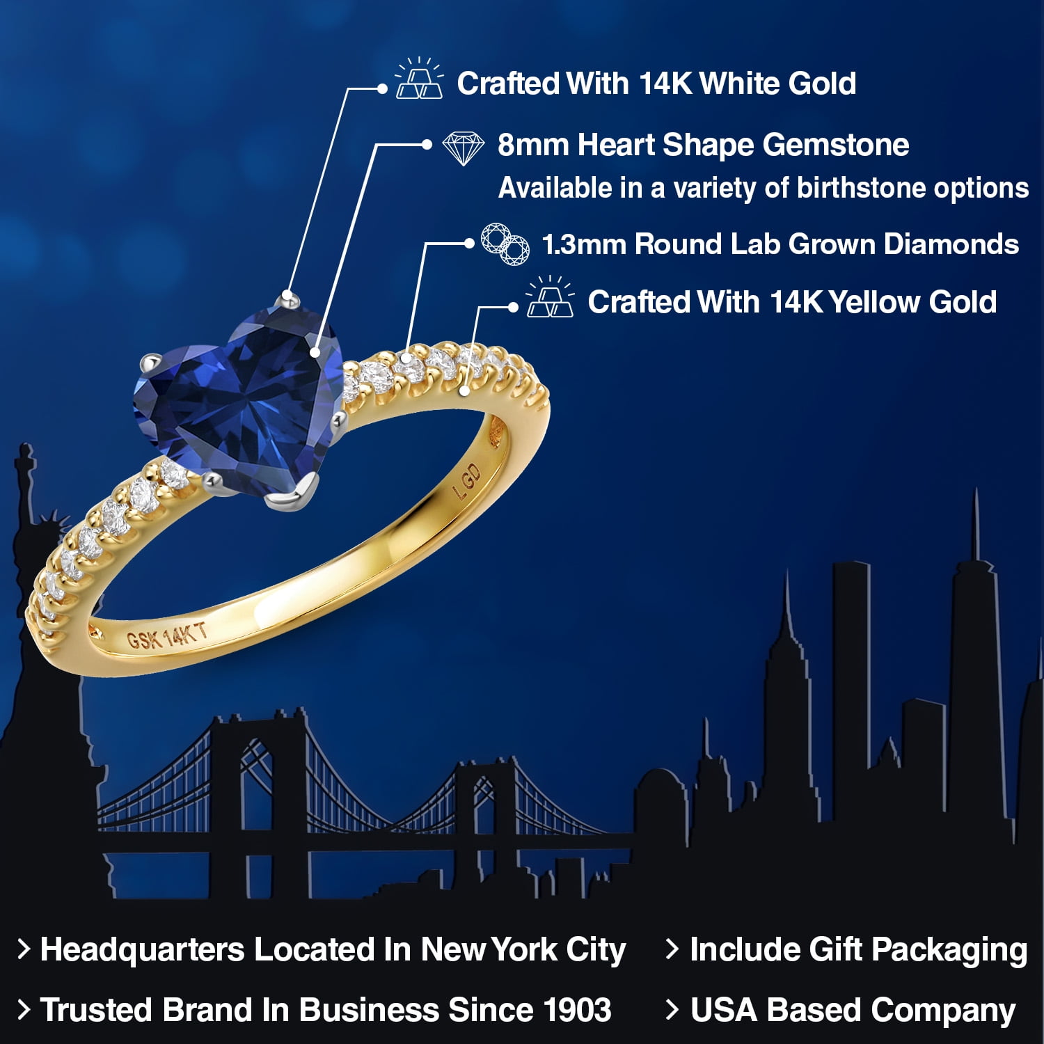 Gem Stone King 14K Two Tone Gold Blue Created Sapphire and Lab Grown Diamond Engagement Ring for Women | 1.16 Cttw | Heart Shape 8MM | Gemstone Birthstone | Available in Size 5,6,7,8,9