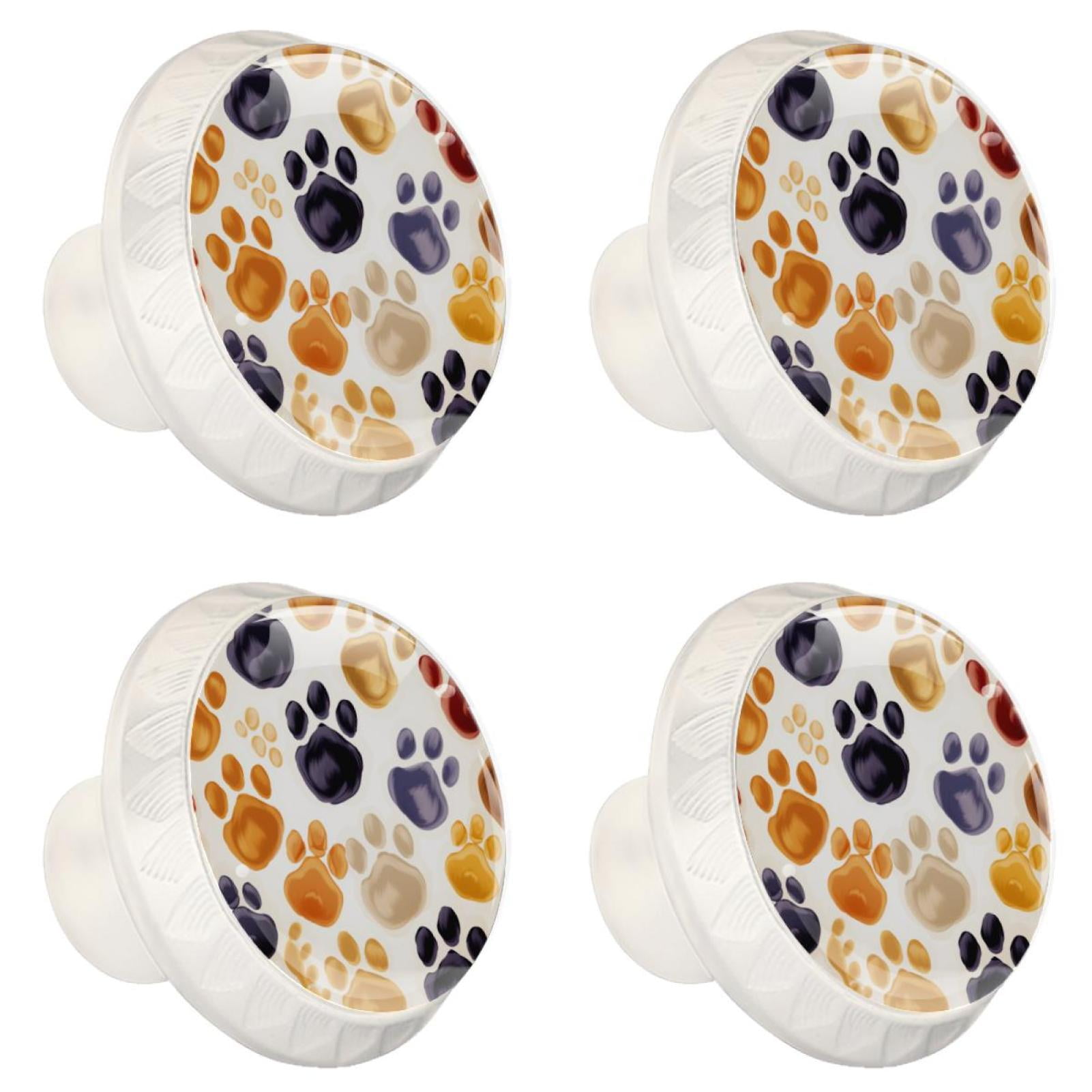 4 Pcs Round White Knobs for Kitchen Cabinet Cupboard Dresser Bookcase Dog Paw Prints Drawer Pulls Handles Home Decor