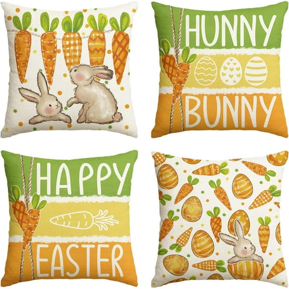 Happy Easter Rabbit Easter Eggs Carrots Watercolor Throw Pillow Covers, 18 x 18 Inch Orange Hunny Bunny Stripes Cushion Case Decoration for Sofa Couch Set of 4