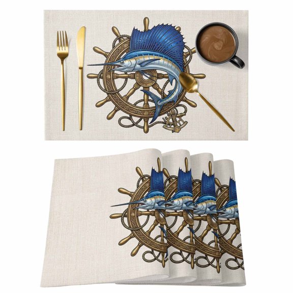 Swordfish Ship Wheel Placemats Set of 2, Coastal Nautical Vintage Rope Blue Gold Non-Slip Place Mats Washable Table Mats for Kitchen Dining Table Decorations Indoor/Outdoor