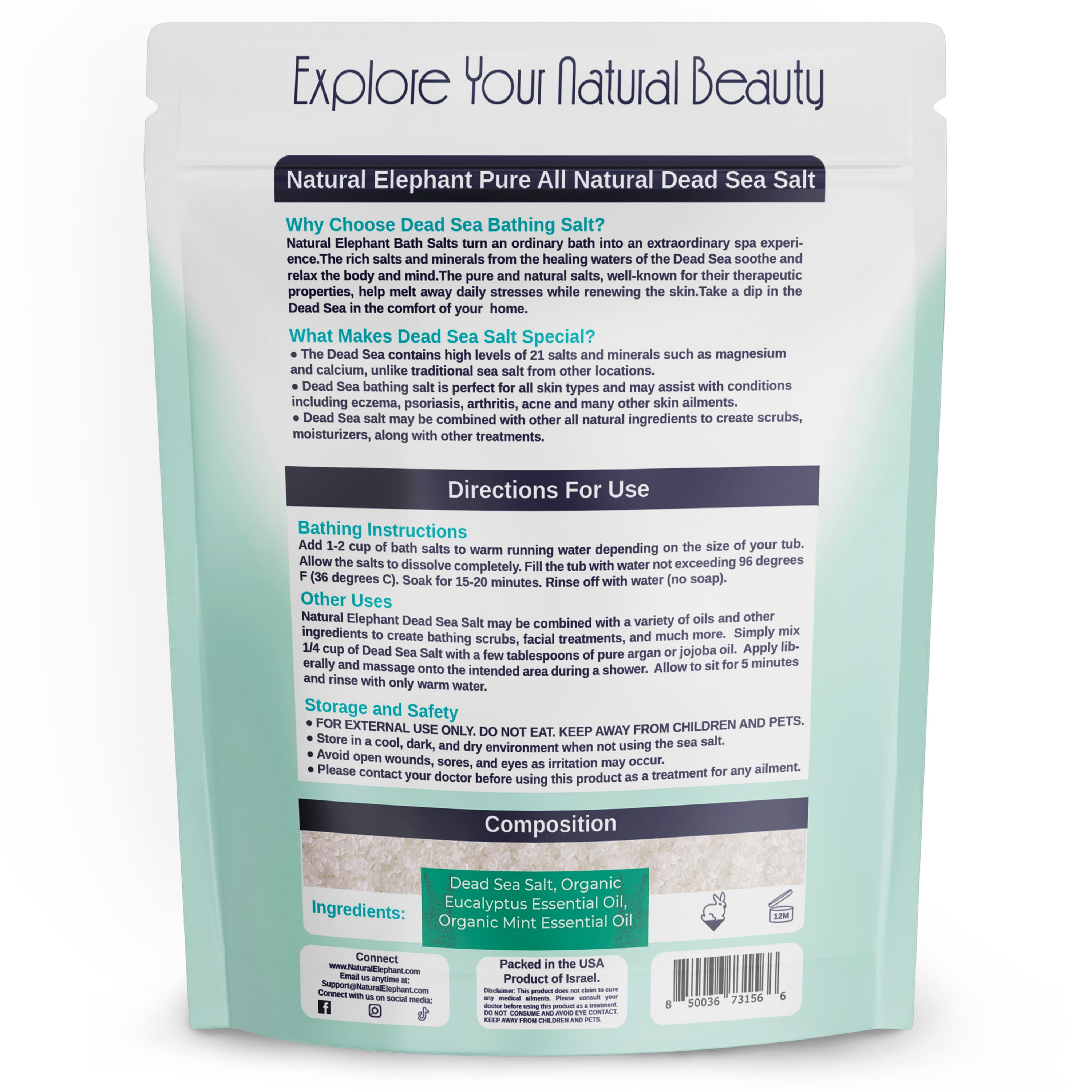 Natural Elephant Dead Sea Salt with Eucalyptus and Mint Essential Oil 10lbs