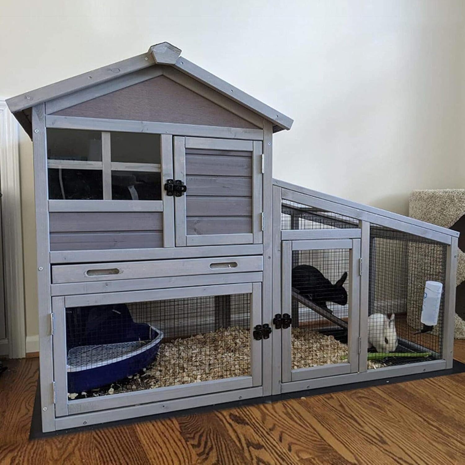 MEDEHOO Rabbit Hutch Outdoor Chickecn Coop with PVC Layer Wooden Bunny Cage Guinea Pig Houses Indoor with Pull Out Tray,Bottom Wire Netting