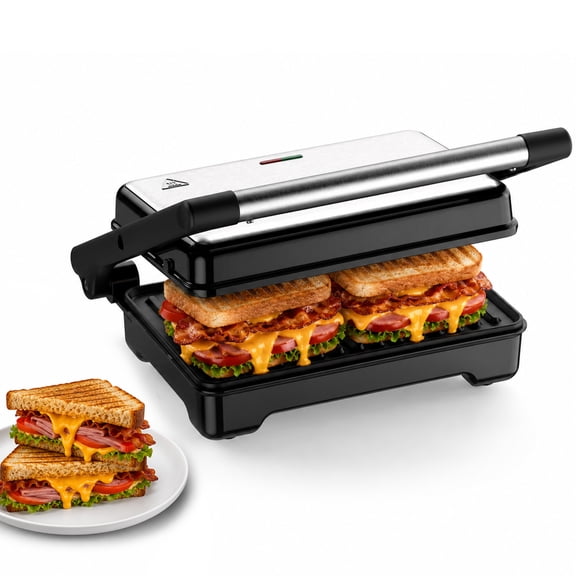 OSTBA 1200W Panini Press Grill & Sandwich Maker – 2-Slice Electric Griddle with 180° Flat Opening, Non-Stick Cast Aluminum Plates, Easy Clean for Panini, Quesadilla & More
