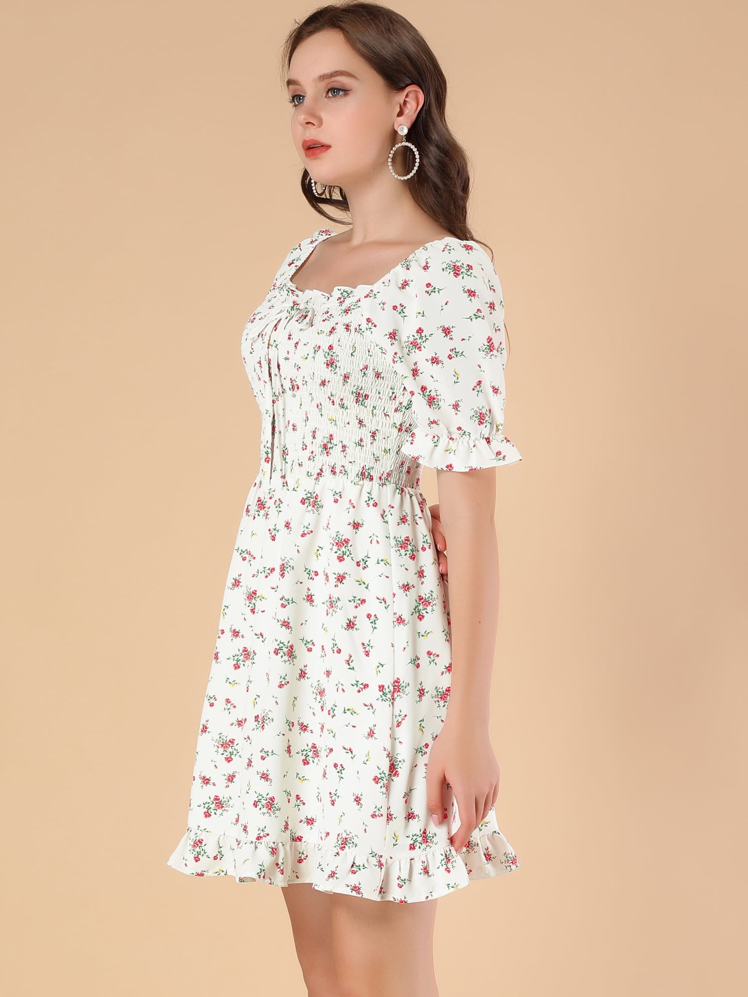 DARING DIVA Puff Sleeve Back Smocked Sweetheart Neck Ruffled Hem Dress XL White