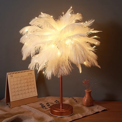 Lámpara de mesa con pantalla de plumas LED, elegante lámpara de noche para mesita de noche, color blanco