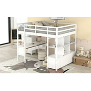Euroco Full Loft Bed Wood Frame Desk with Drawers and Shelf for Kids Teens, White