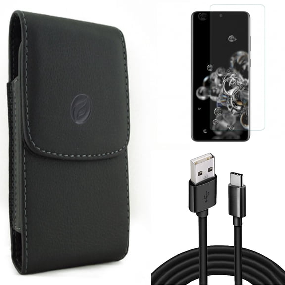 10ft USB Cable w Case Belt Clip w Screen Protector for Samsung Galaxy S20 Ultra - Type-C Charger Cord Power, Leather Holster Cover, Tempered Glass [Fingerprint Unlock] 3D Curved fits Galaxy S20 Ultra