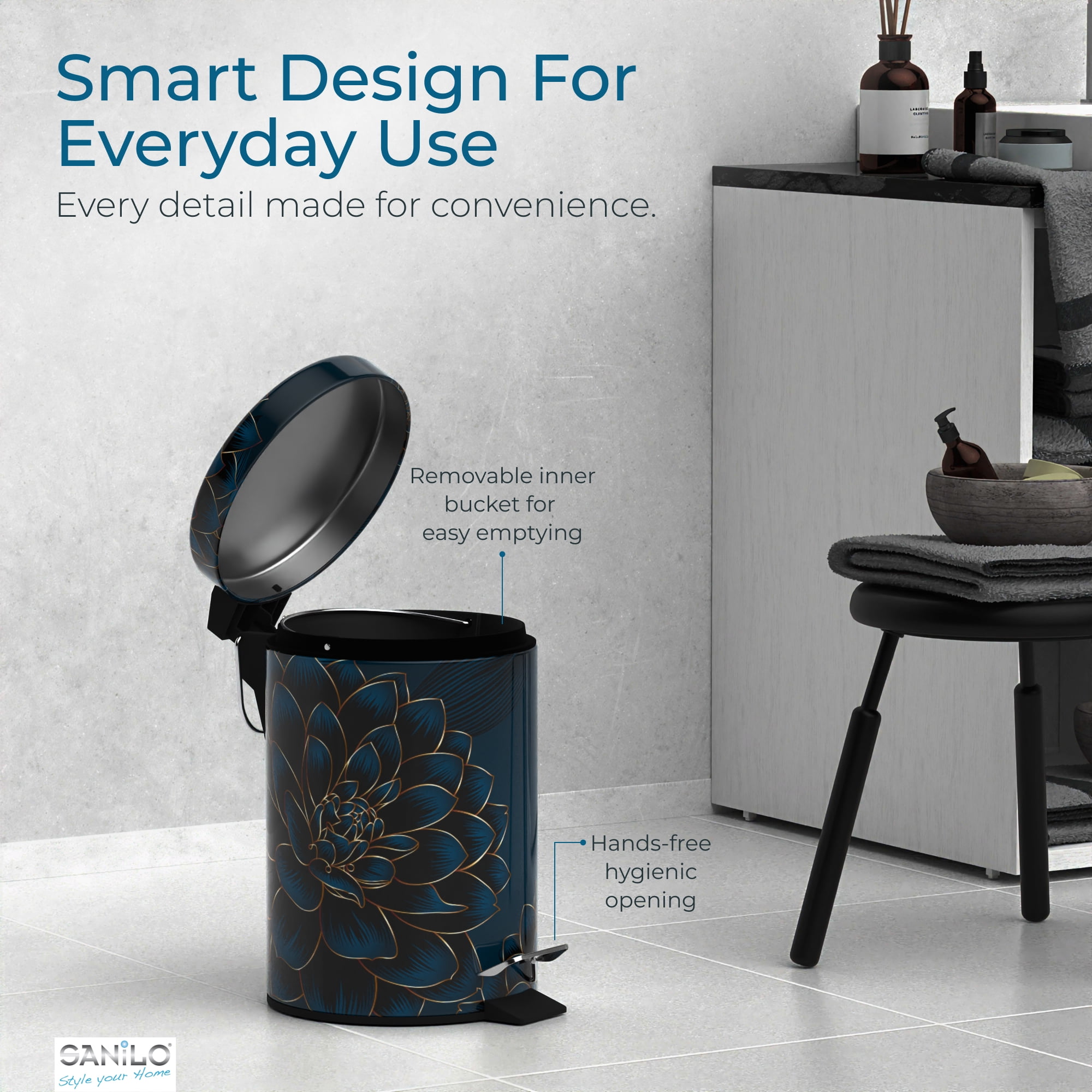 Sanilo Trash Can 1.3 Gallon with Soft Close, Many New Cosmetic and Kitchen Waste Bins Available, Bathroom Bin with Inner Bucket (Dahlia)