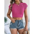 thumbnail image 5 of Womens Cable Knit Crop Cap Sleeve Crew Neck Slim Fit Solid Color Stretchy Summer Short Sleeve Sweater Rose Red L, 5 of 8